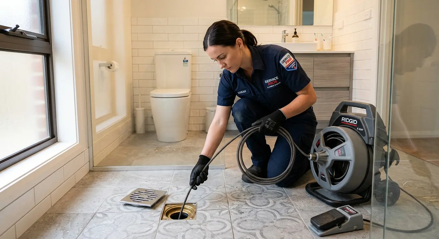 Technician clearing a bathroom floor drain for Sewer Line Installation in Long Beach